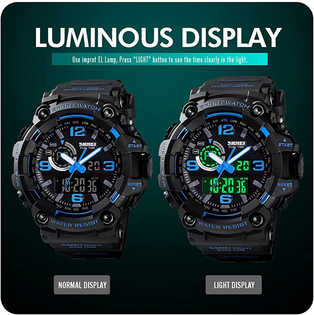 Men Digital Sports Watch, Dual Time Display LED Military Wrist Watch, Shockproof Large Dial Men Wristwatches Outdoor Waterproof Alarm Watches