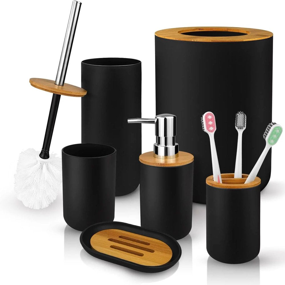 Bamboo Bathroom Accessory Set, 6 Pieces Bath Set- Soap Dish Toothbrush Holder Rinse Cup Lotion Bottle Trash Can Toilet Brush - Practical Toilet Kit for Home Washing Room,Black