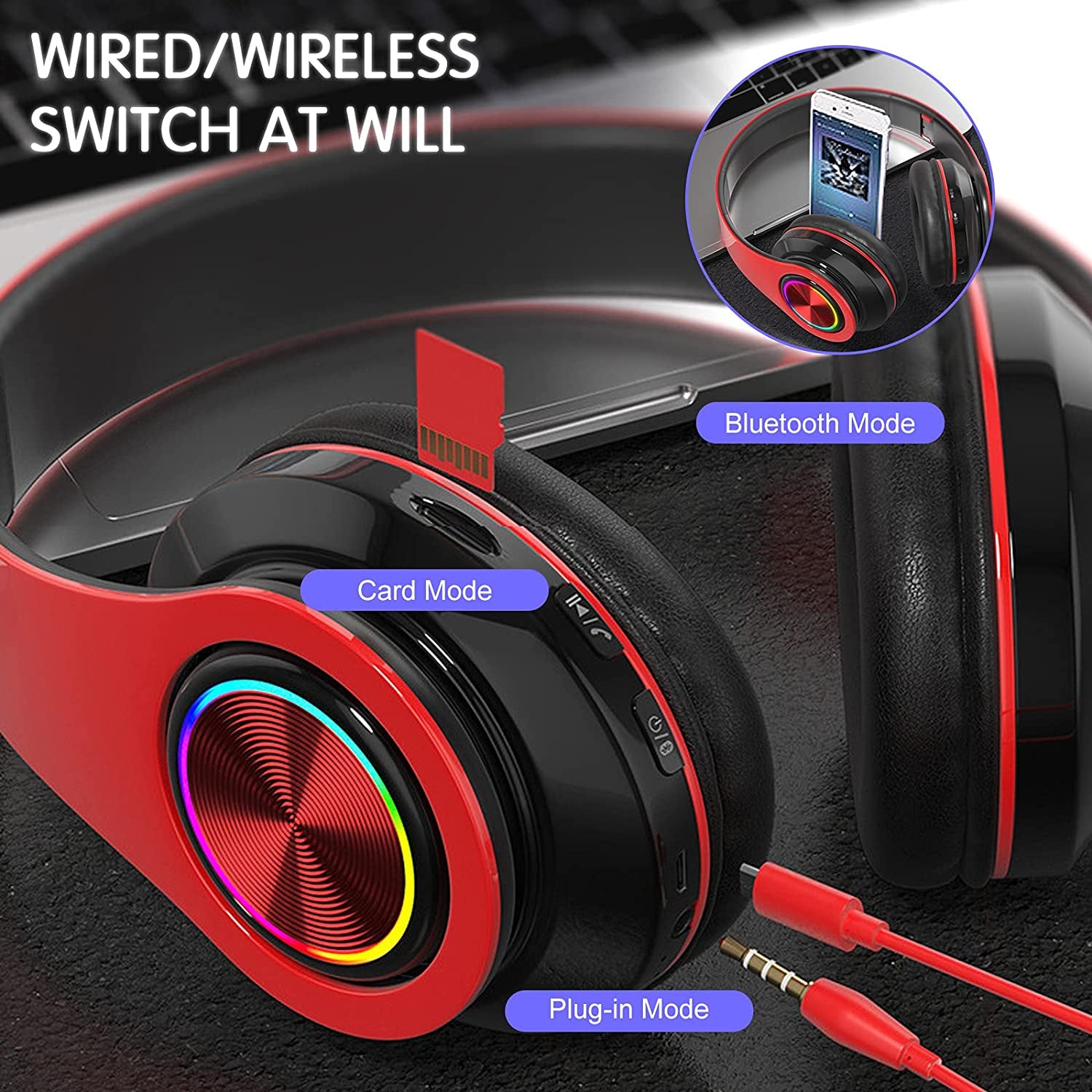 Over Ear Bluetooth Headphones, Foldable LED Stereo Headphones with Built-In Microphone, Noise-Cancelling Wireless Headset for Pc, Smart Phone, TV