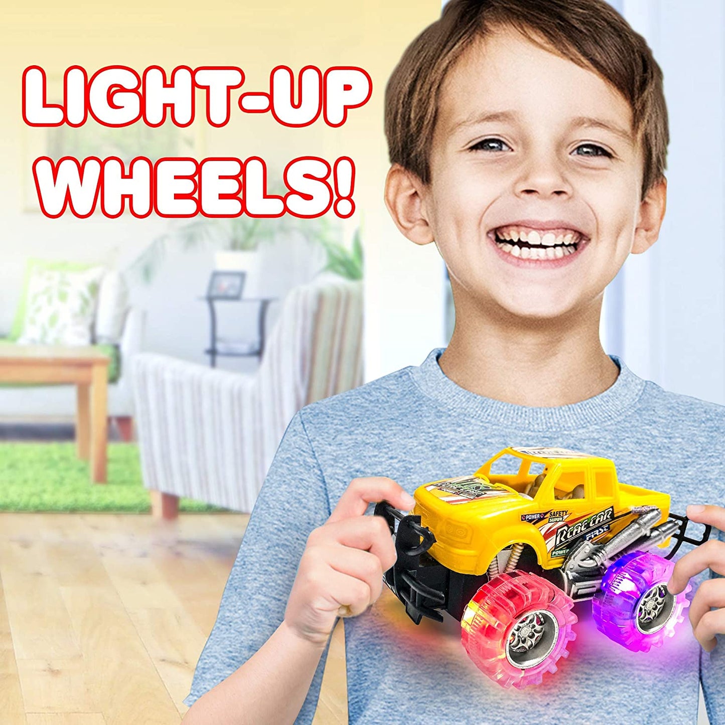 Light up Monster Truck Set for Boys and Girls by Artcreativity - Set Includes 4, 6 Inch Monster Trucks with Beautiful Flashing LED Tires - Push N Go Toy Cars Fun Gift for Kids - for Ages 3+