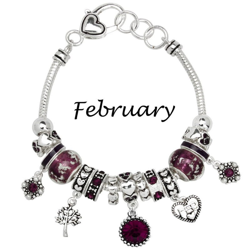 Birthstone Bracelet Multi-Color Charm Beads Silvertone