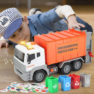 12" Garbage Truck Toys Trash Truck Dump Truck with 4 Garbage Cans, Friction Powered Truck with Sound and Light ,Push and Go Pull Back Car for Boys