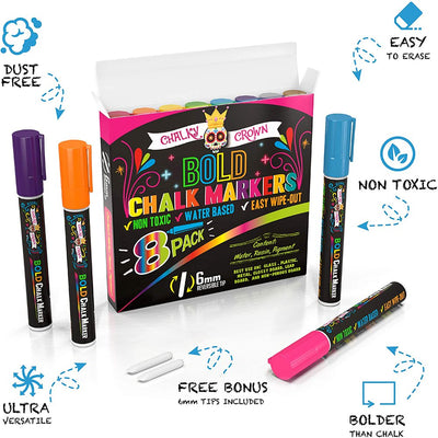 Chalky Crown Bold Chalk Markers - Dry Erase Marker Pens - Reversible Tip (8 per Pack) - (Multi-Colored, 6 Mm)