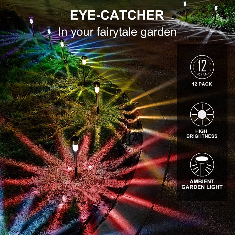12 Pack Outdoor Solar Lights Solar Landscape Lights, Stainless Steel LED Outdoor Lighting, Waterproof Garden Lights for Walkway, Terrace, Multicolor