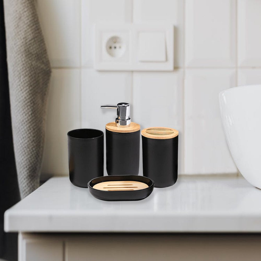 Bamboo Bathroom Accessory Set, 6 Pieces Bath Set- Soap Dish Toothbrush Holder Rinse Cup Lotion Bottle Trash Can Toilet Brush - Practical Toilet Kit for Home Washing Room,Black