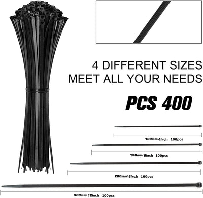 Cable Zip Ties, 400/600 Pack Black Zip Ties Assorted Sizes 12+8+6+4 Inch, Multi-Purpose Self-Locking Nylon Cable Ties Cord Management Ties,Plastic Wire Ties for Home, Office, Garden, Workshop