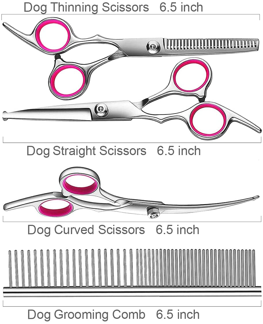 Dog Grooming Scissors Kit with Safety round Tips, Stainless Steel Professional Dog Grooming Shears Set - Thinning, Straight, Curved Shears and Comb for Long Short Hair for Dog Cat Pet