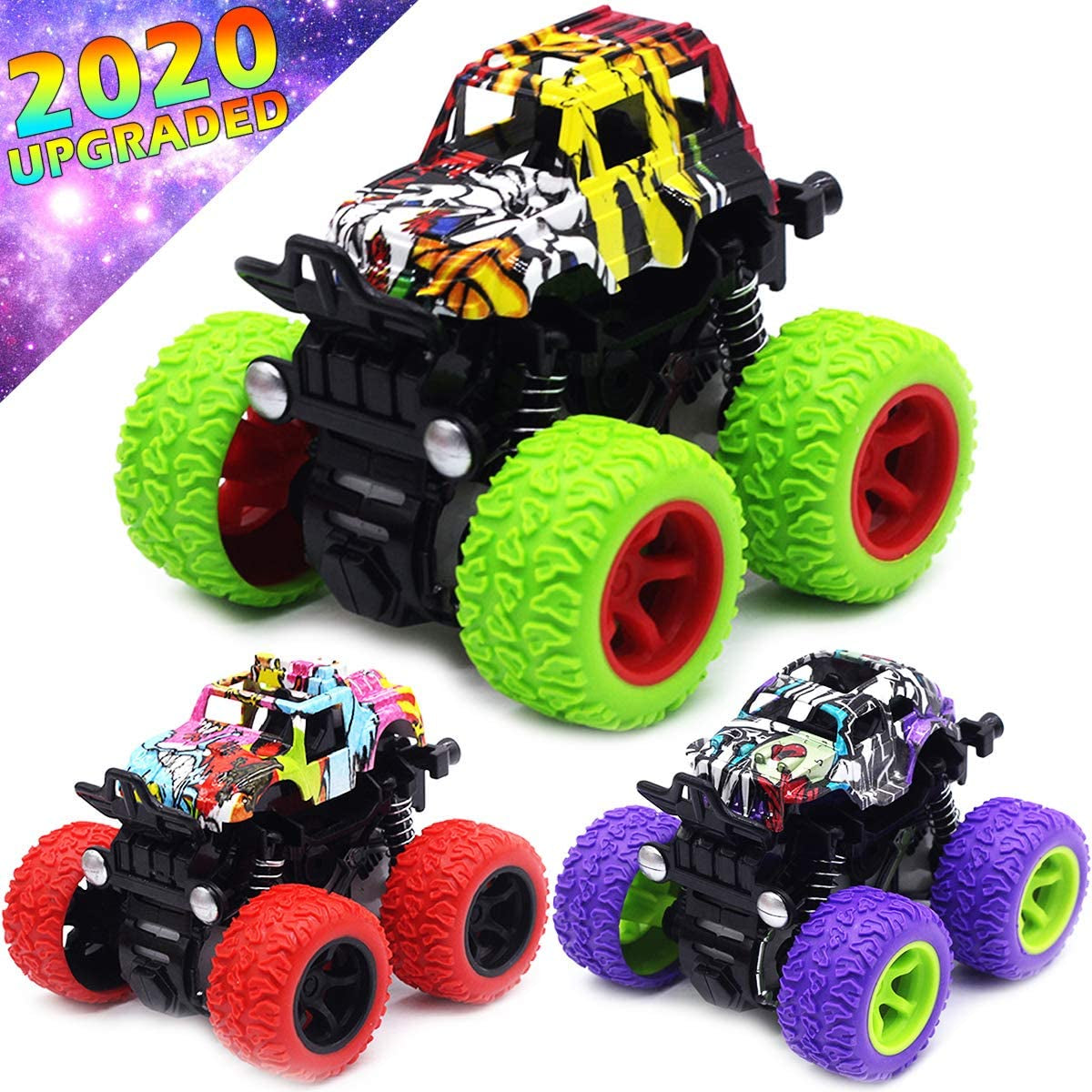 Monster Trucks Toys for Boys - Friction Powered 3-Pack Mini Push and Go Car Truck Playset for Boys Girls Toddler Aged 3 4 5 Year Old Gifts for Kids Birthday Christmas (Purple, Red, Orange, 3-Pack)