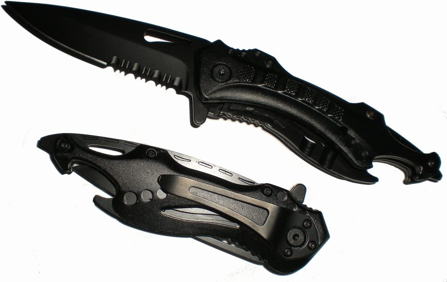Tactical Assisted Opening All Black Bottle Opener Pocket Knife with Glass Breaker