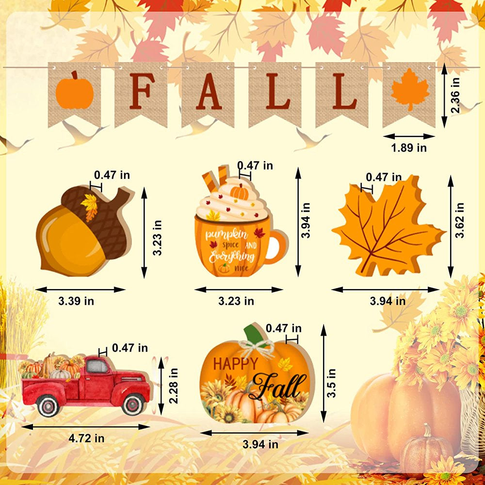 Fall Tiered Tray Decor, Pumpkin Maple Leaves Wooden Tabletop Signs Happy Fall Wood Block Autumn Truck Acorn Decorative Ornaments for Fall Thanksgiving Farmhouse Party Supplies, 11 PCS