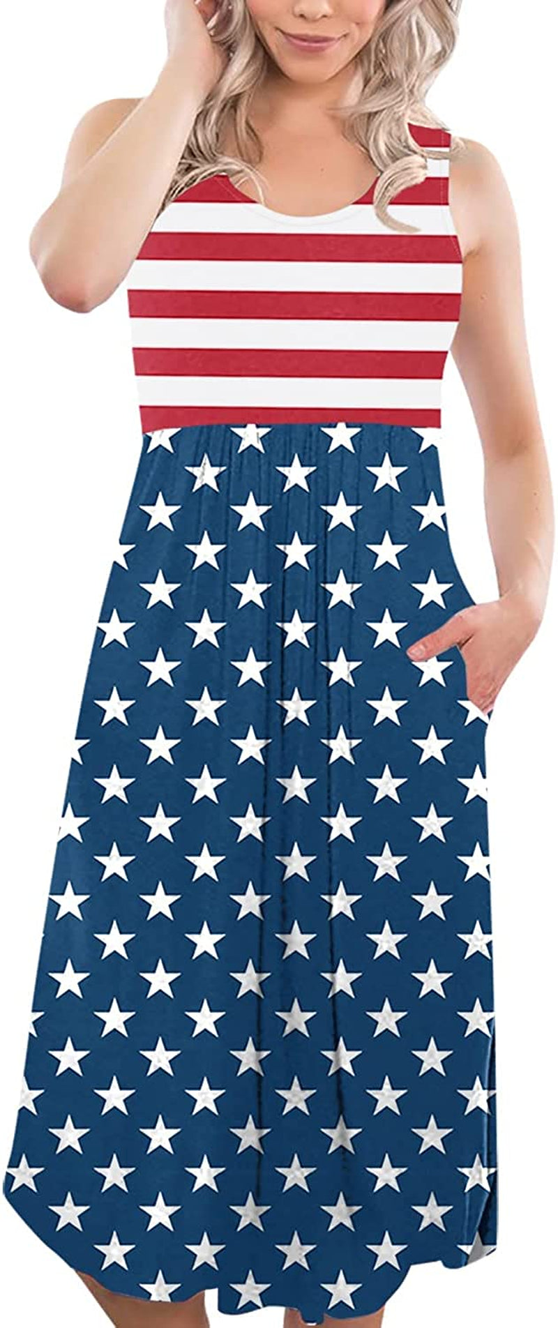 Women July 4th American Flag Sleeveless Dress with Pockets