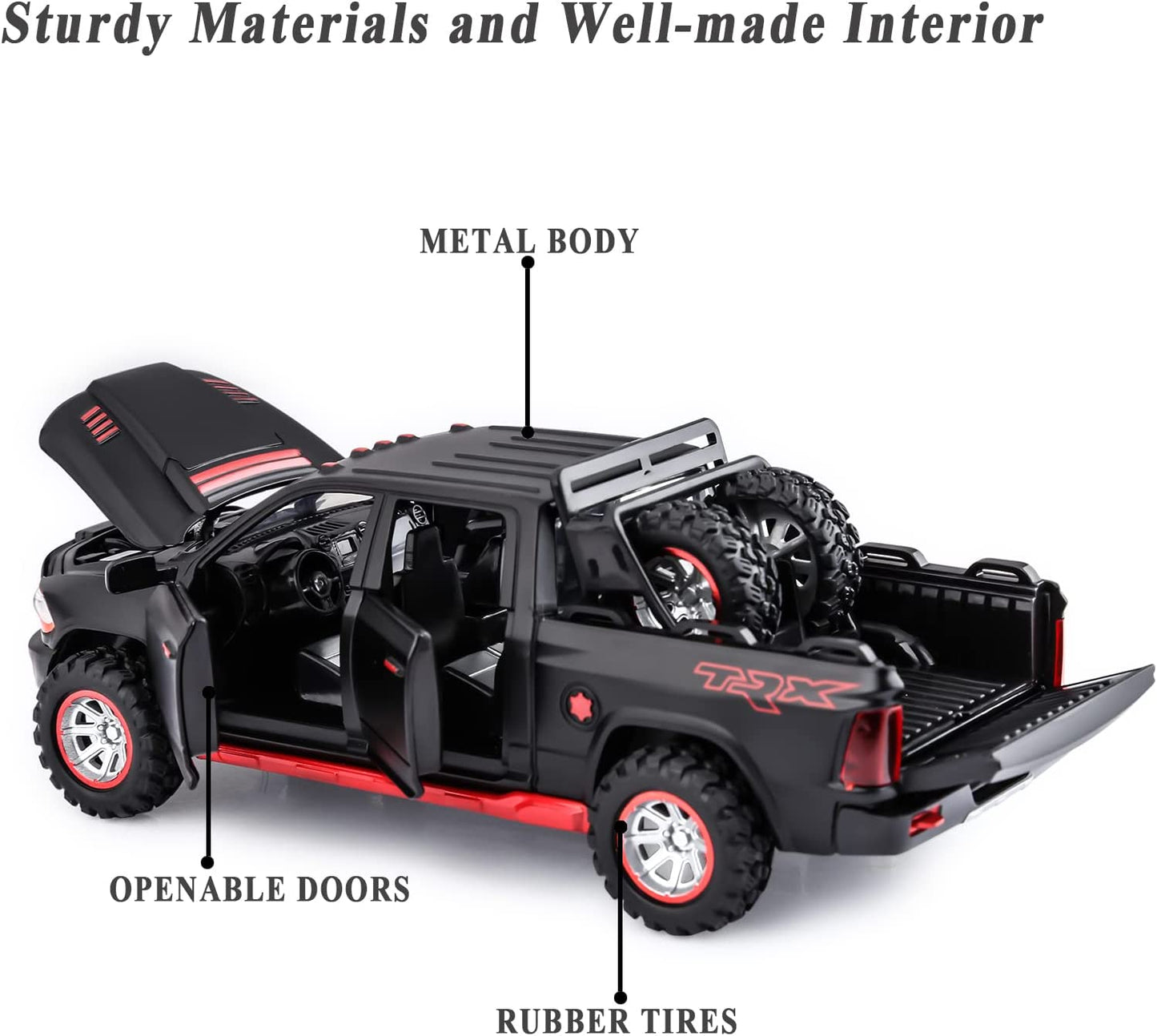 Toy Trucks for Boys RAM TRX 1500 Diecast Metal Pickup Truck Toys Pull Back Model Cars with Light and Sound for Kids Aged 3-7(Black)