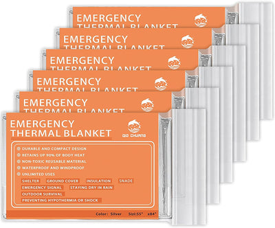 Emergency Mylar Thermal Blankets -Space Blanket Survival Kit Camping Blanket (Pack of 6). Perfect for Outdoors, Hiking, Survival, Bug Out Bag ,Marathons or First Aid
