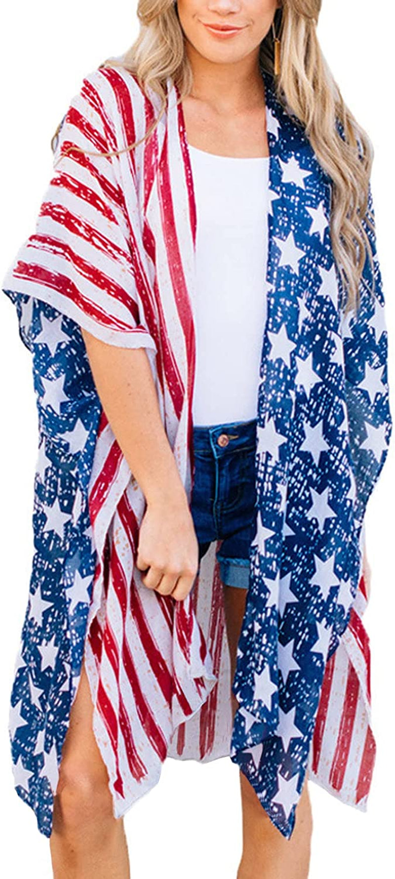 Women's American Flag Kimono Cover up Beachwear Cardigan Loose Tops Shirt Blouse