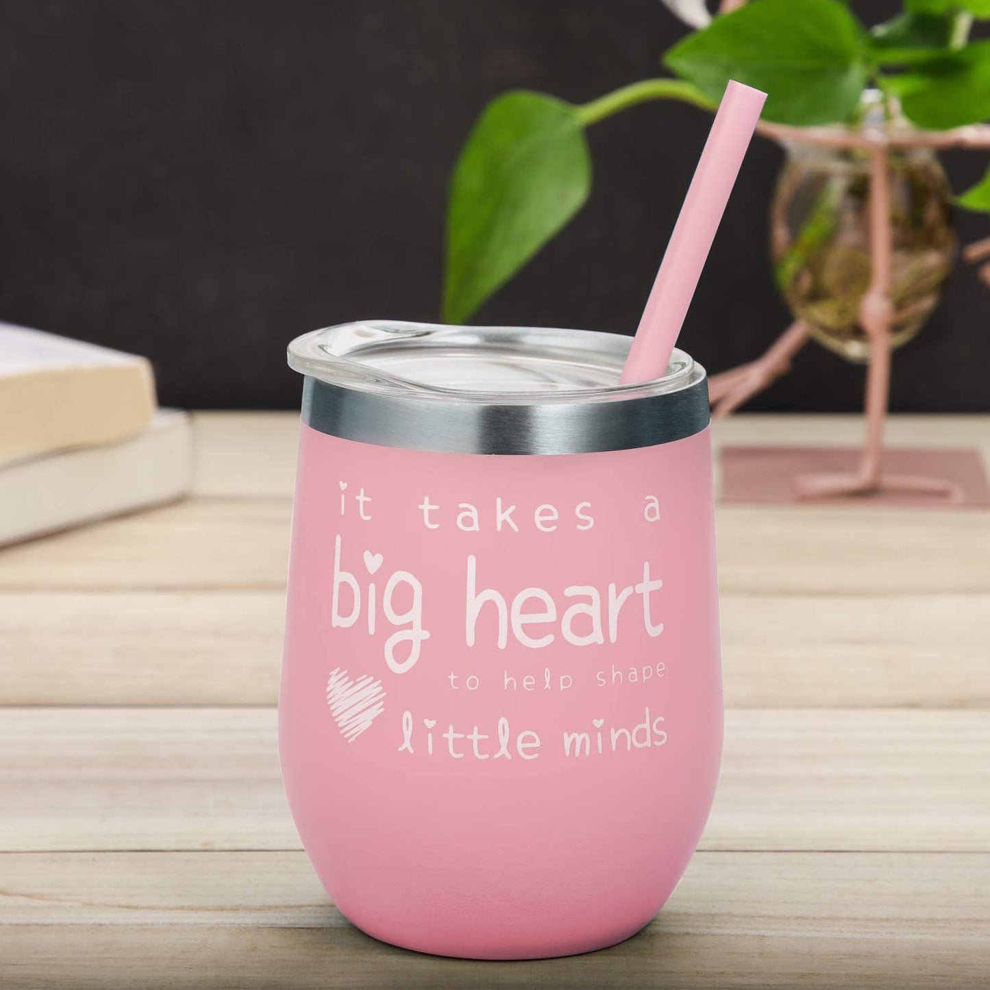 Teacher Appreciation Gifts - Teacher Gifts For Women Wine Glass Tumbler - It Takes a Big Heart to Help Shape Little Minds - Best Teacher Gifts from Student - Pink, 12 oz