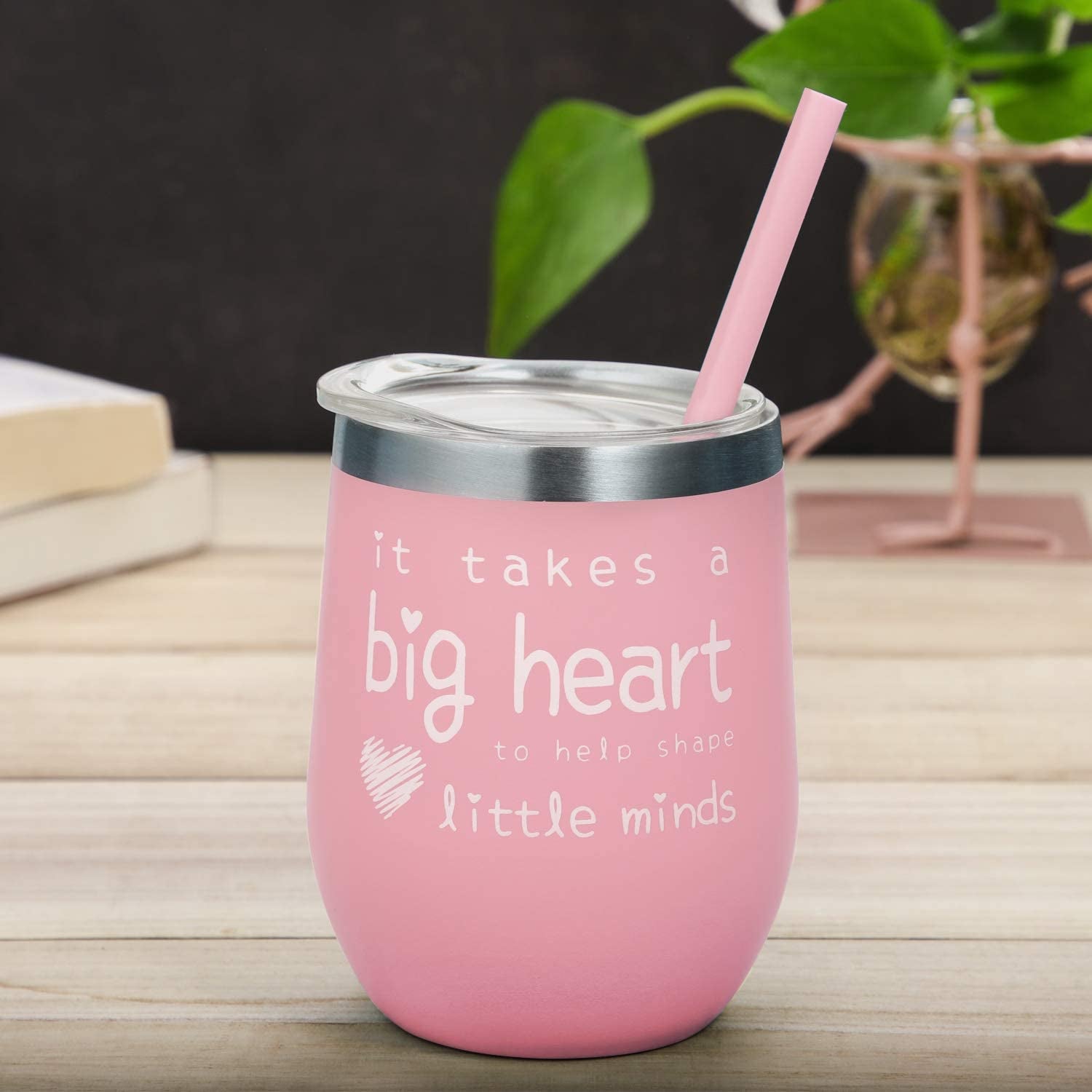 Teacher Appreciation Gifts - Teacher Gifts For Women Wine Glass Tumbler - It Takes a Big Heart to Help Shape Little Minds - Best Teacher Gifts from Student - Pink, 12 oz