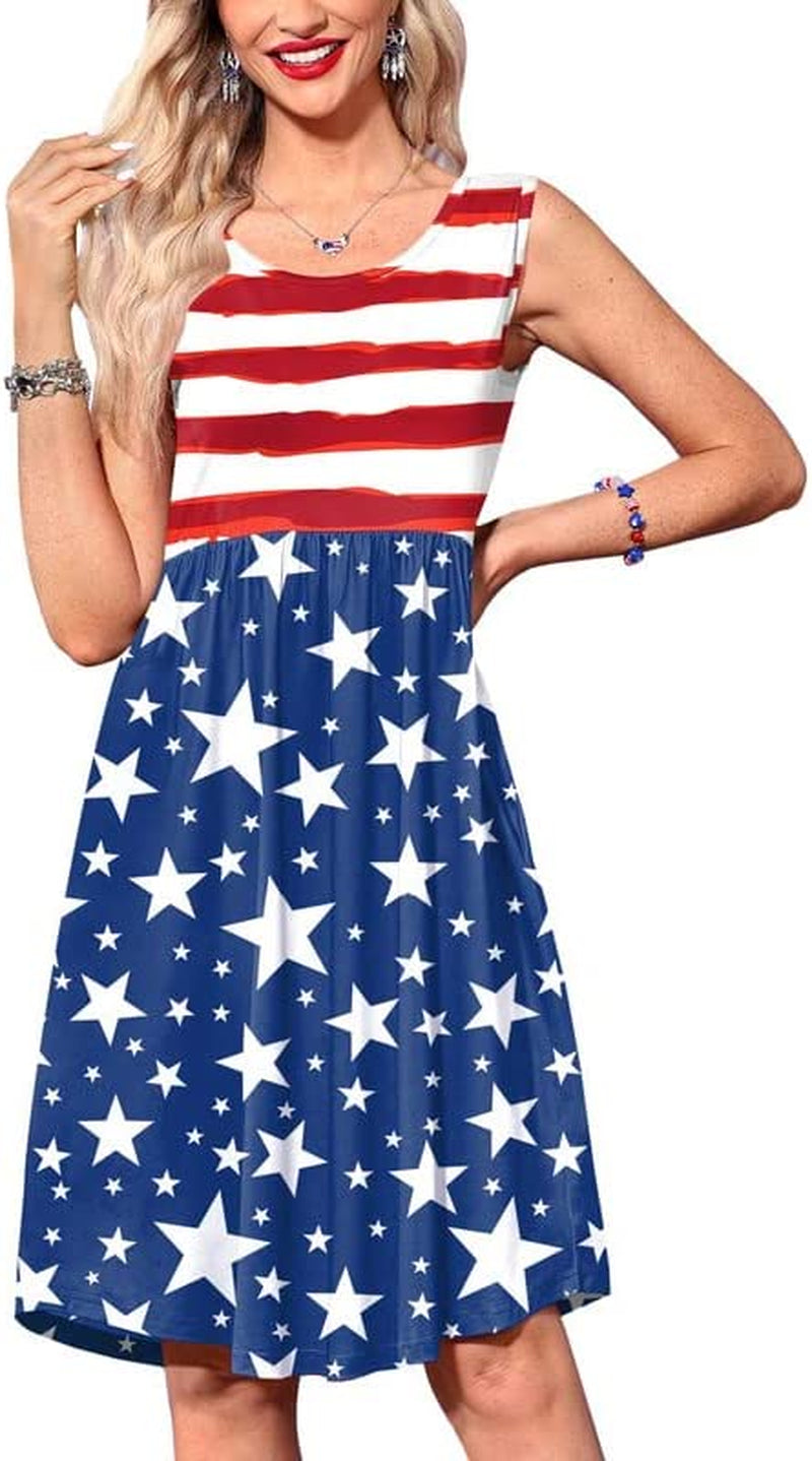 Women July 4th American Flag Sleeveless Dress with Pockets