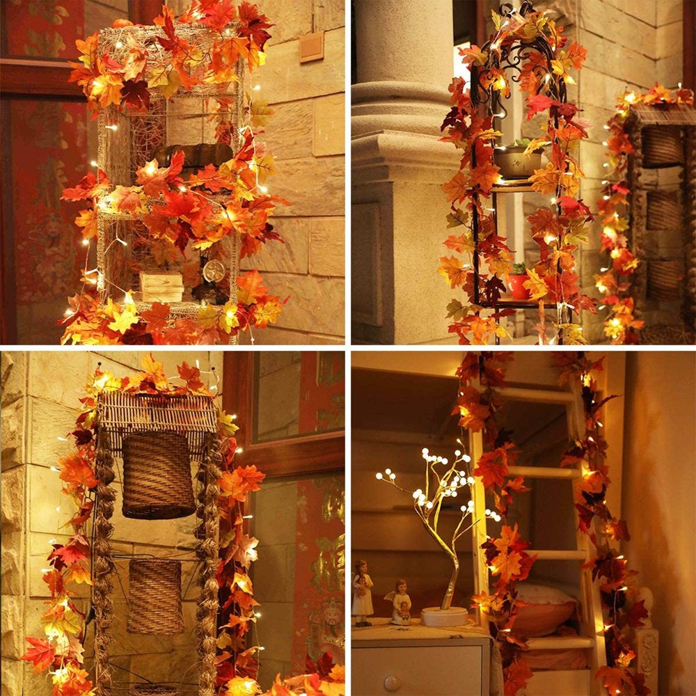 2 Pack Fall Maple Garland with 40 LED for Home Wedding Party Christmas - 5.8Ft/Pc