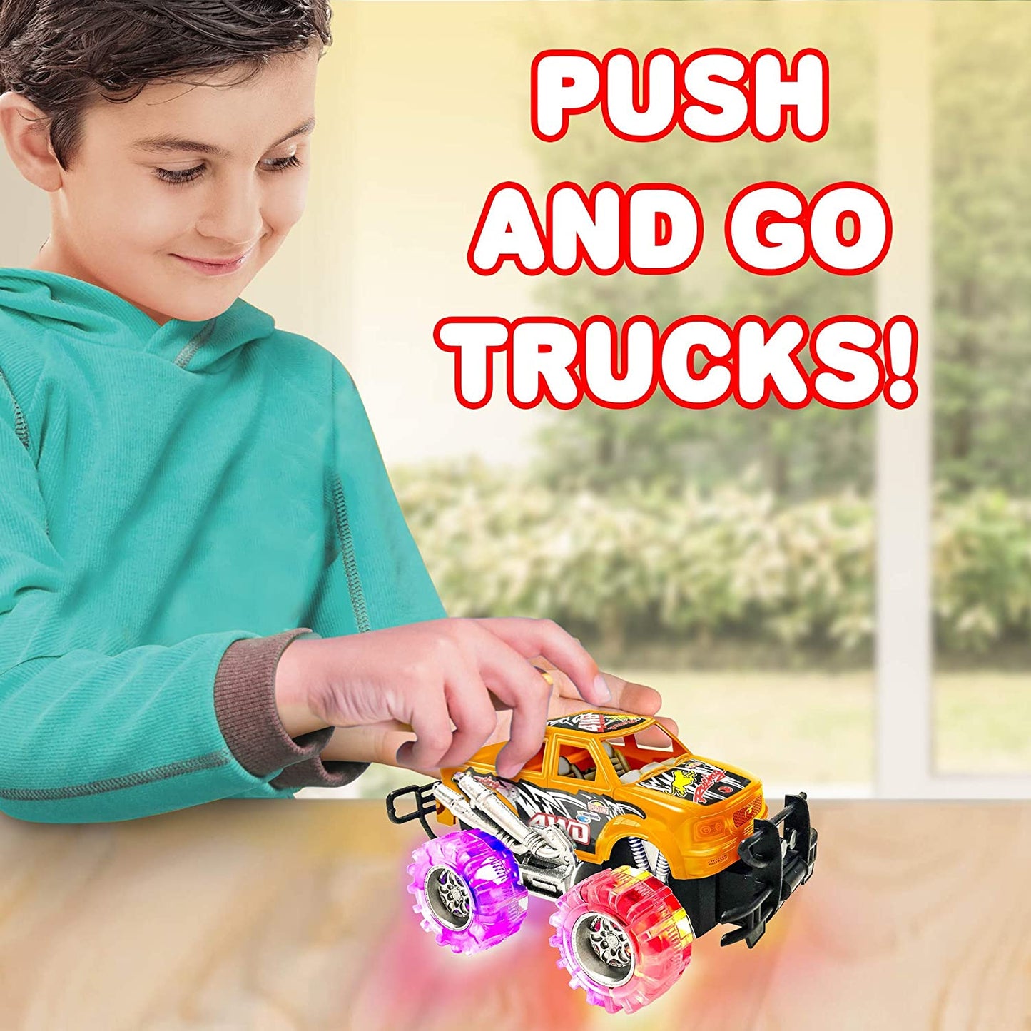 Artcreativity Light up Monster Truck Set for Kids,- Includes 4, 6 Inch Trucks with Beautiful Flashing LED Tires,- Push N Go Toy Cars for Boys and Girls,- Best Gift for Kids Age 3 - 6 Years Old and Up