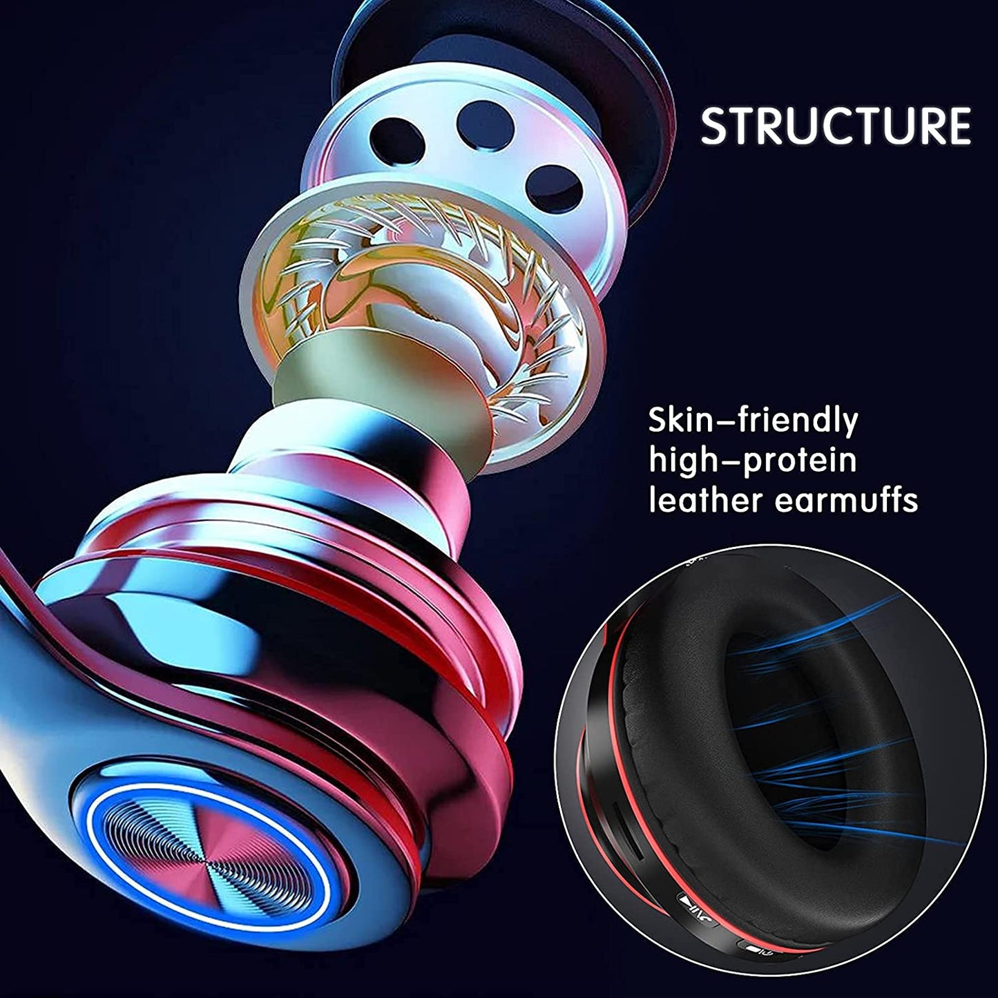 Over Ear Bluetooth Headphones, Foldable LED Stereo Headphones with Built-In Microphone, Noise-Cancelling Wireless Headset for Pc, Smart Phone, TV