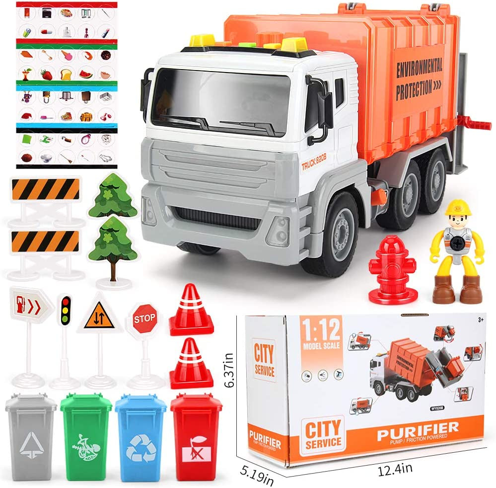 12" Garbage Truck Toys Trash Truck Dump Truck with 4 Garbage Cans, Friction Powered Truck with Sound and Light ,Push and Go Pull Back Car for Boys