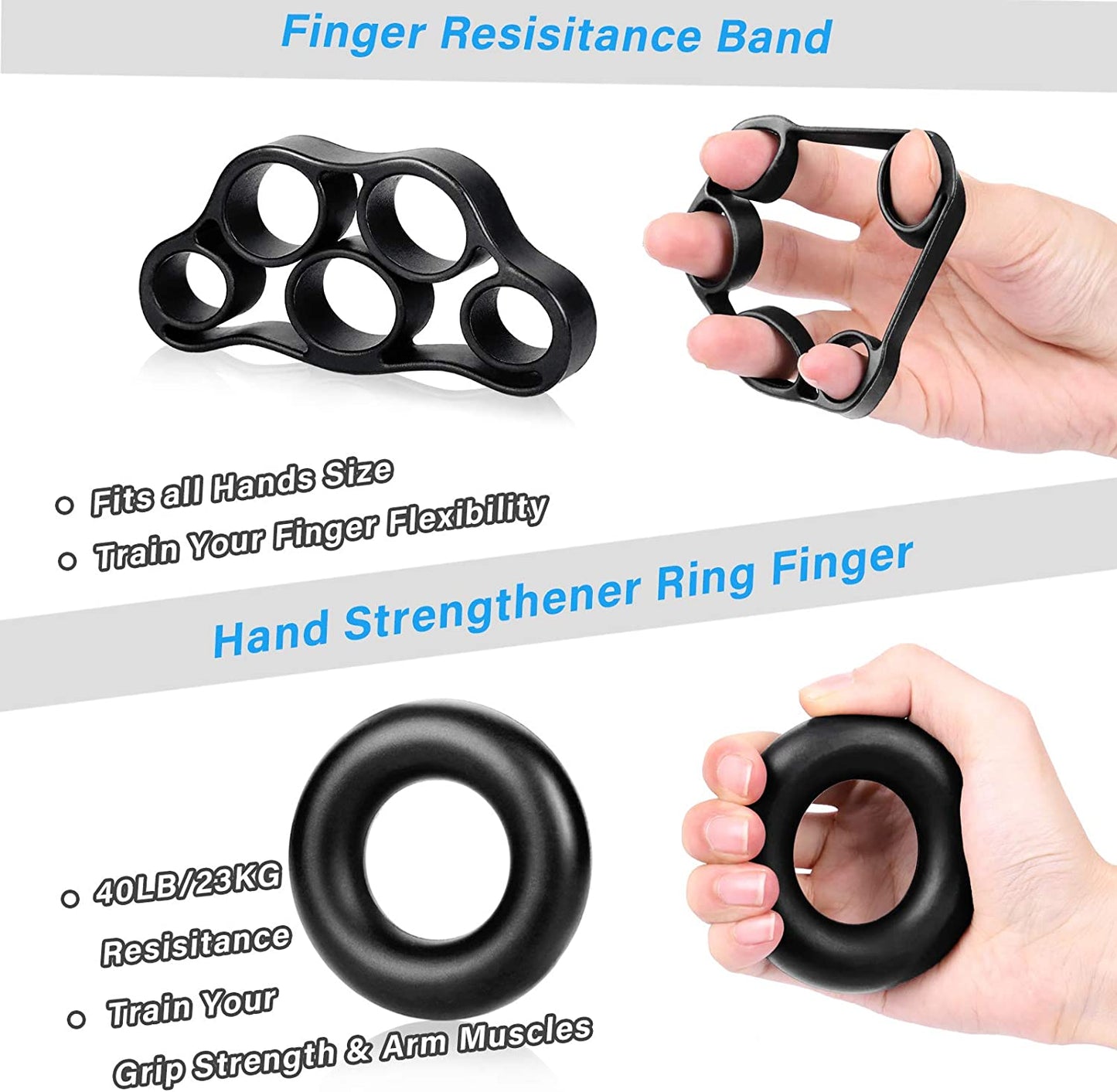 5 Pack Hand Grip Strengthener Kit, Grip Strength Trainer, Forearm Workout Trainer Adjustable Hand Grip Exercise, Finger Strength Exerciser, Finger Stretcher, Grip Ring & Stress Relief Ball with Carry Bag