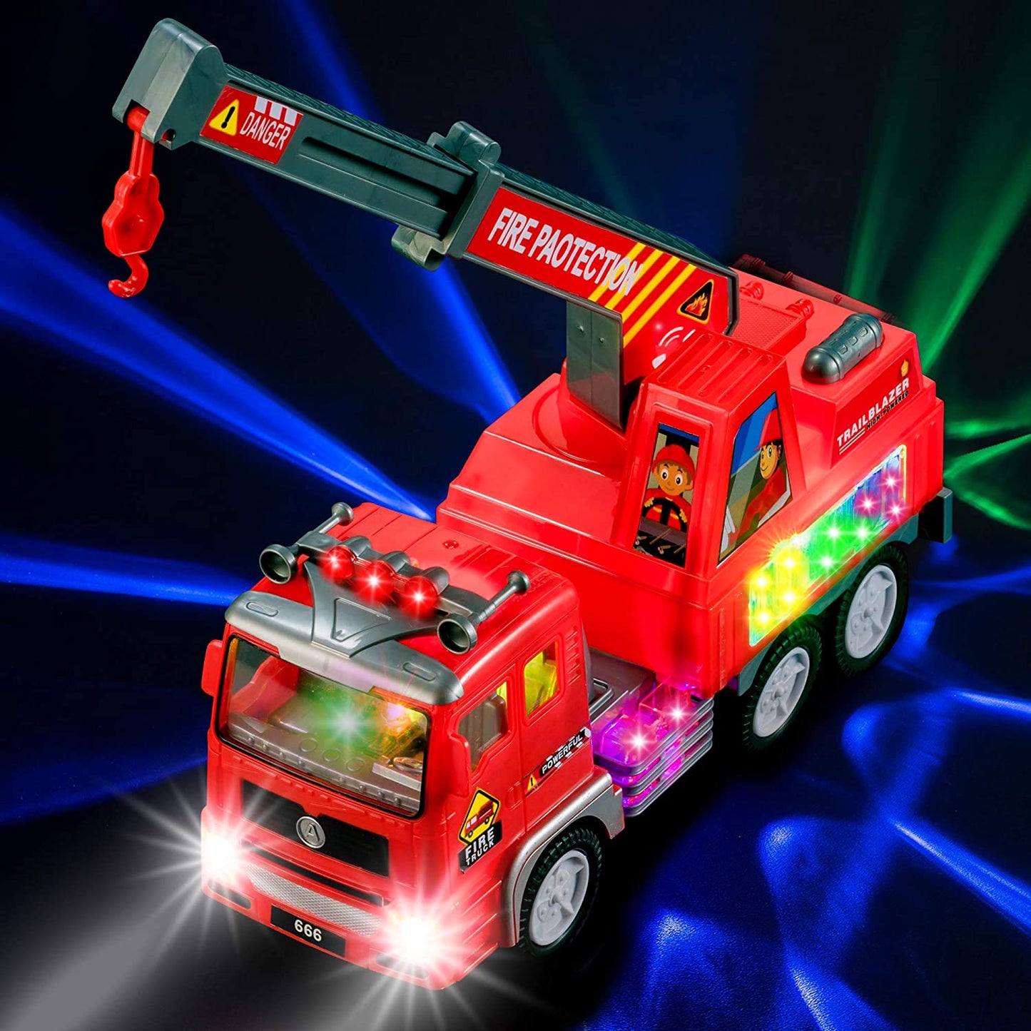 Fire Engine Ladder Truck for Kids with Two Fireman Figures - 4D Lights & Real Siren Sounds | Bump and Go Toy - Automatic Steering on Contact - Imaginative Play