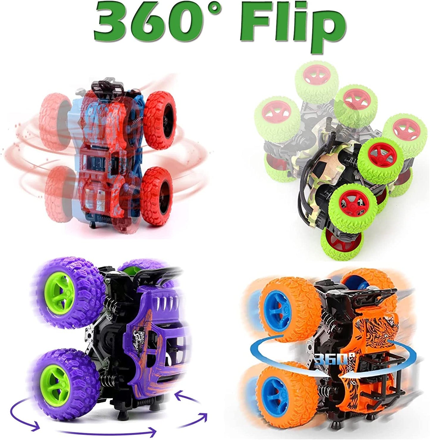 Monster Truck for Boys 3 4 5 6 7 Year Old,4 Pack Push and Go Friction Powered Car Toys, Double-Directions Inertia Pull Back Vehicle Set,Birthday Party Gift for Kids