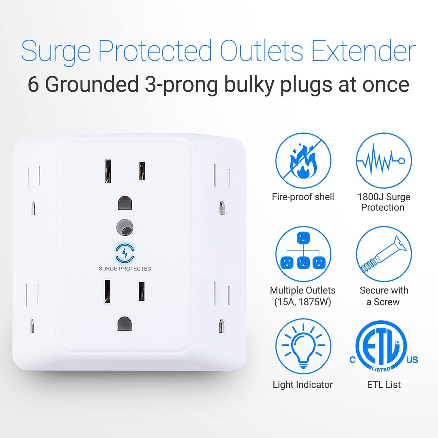Multi Plug 6 Outlet Extender, 2 Pack Surge Protector Wall Splitter, 1800J Power Strip 3 Side Wide Spaced Adapter Multiple Charger Expander, Mountable Wall Tap for Office Home Travel ETL Listed