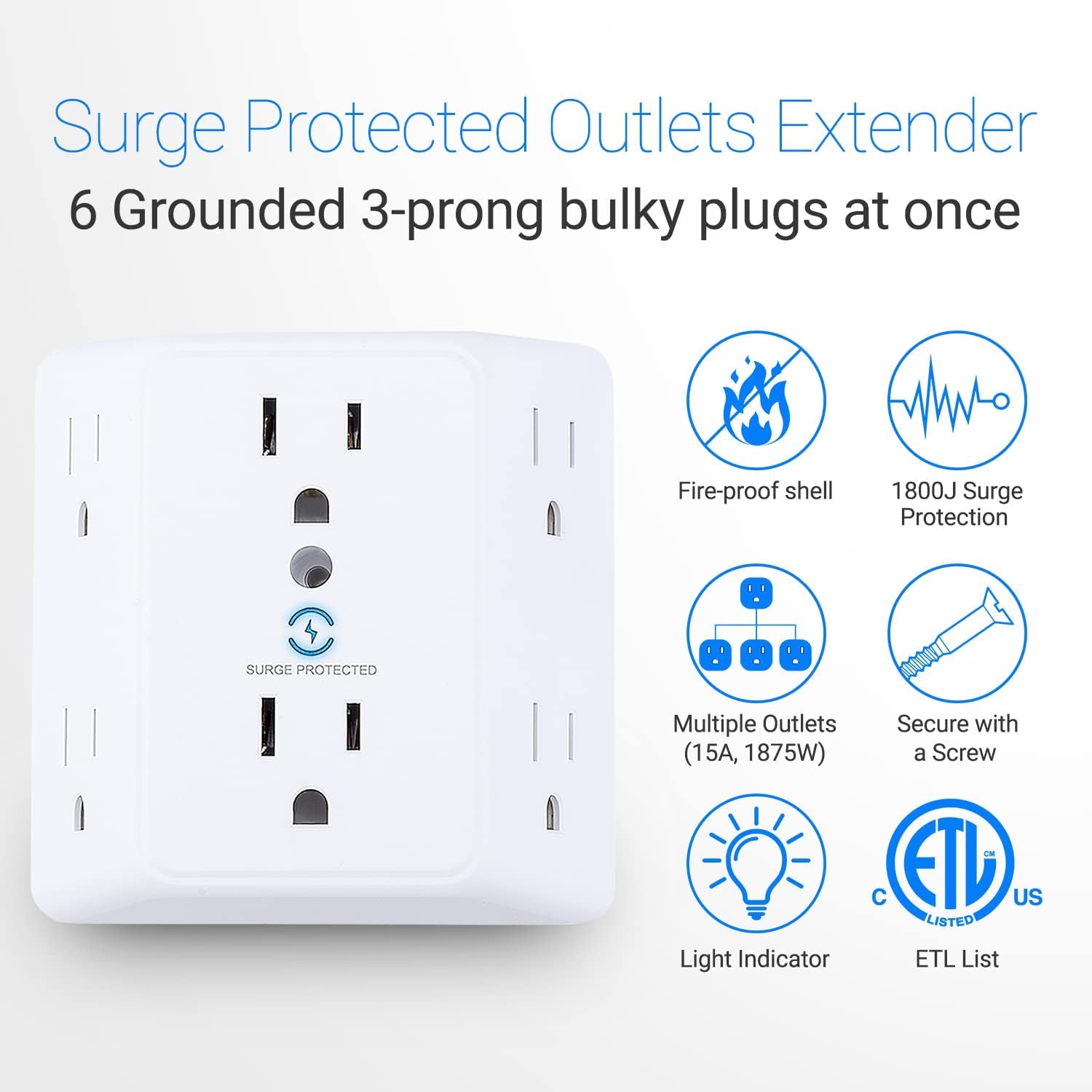 Multi Plug 6 Outlet Extender, 2 Pack Surge Protector Wall Splitter, 1800J Power Strip 3 Side Wide Spaced Adapter Multiple Charger Expander, Mountable Wall Tap for Office Home Travel ETL Listed