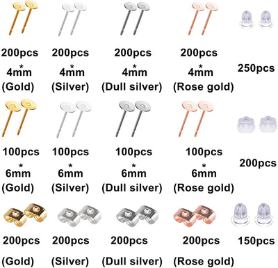 2600 Pcs Earring Making Supplies with Stainless Steel Earring Posts Earring Backs Flat Pad Earring Studs Earring Blank with Butterfly and Rubber Bullet Earring Backs for Earring Jewelry Making