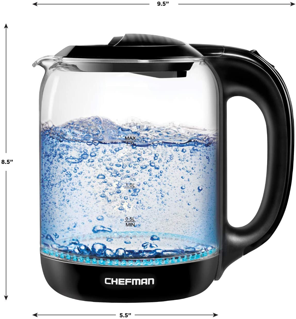 Chefman 1.7 Liter Electric Glass Tea Kettle, Fast Hot Water Boiler, One Touch Operation, Boils 7 Cups, Swivel Base & Cordless Pouring, Auto Shut-Off