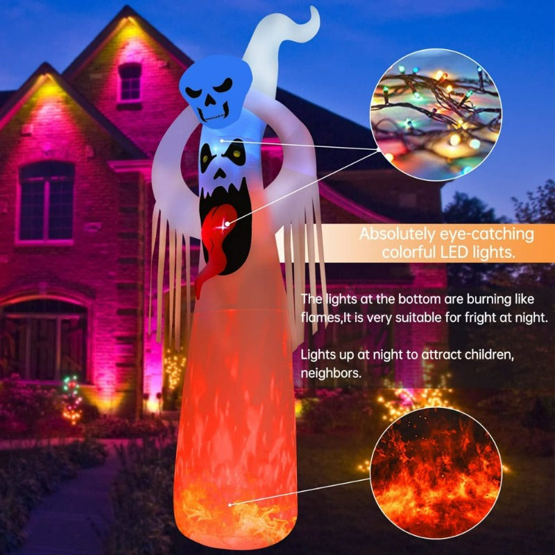 12Ft Giant Halloween Inflatables White Ghost with 3D Tongue and Holding Small Ghost above Head Built-In LED Flame Light, Blow up Outdoor Lawn Yard Garden Decorations