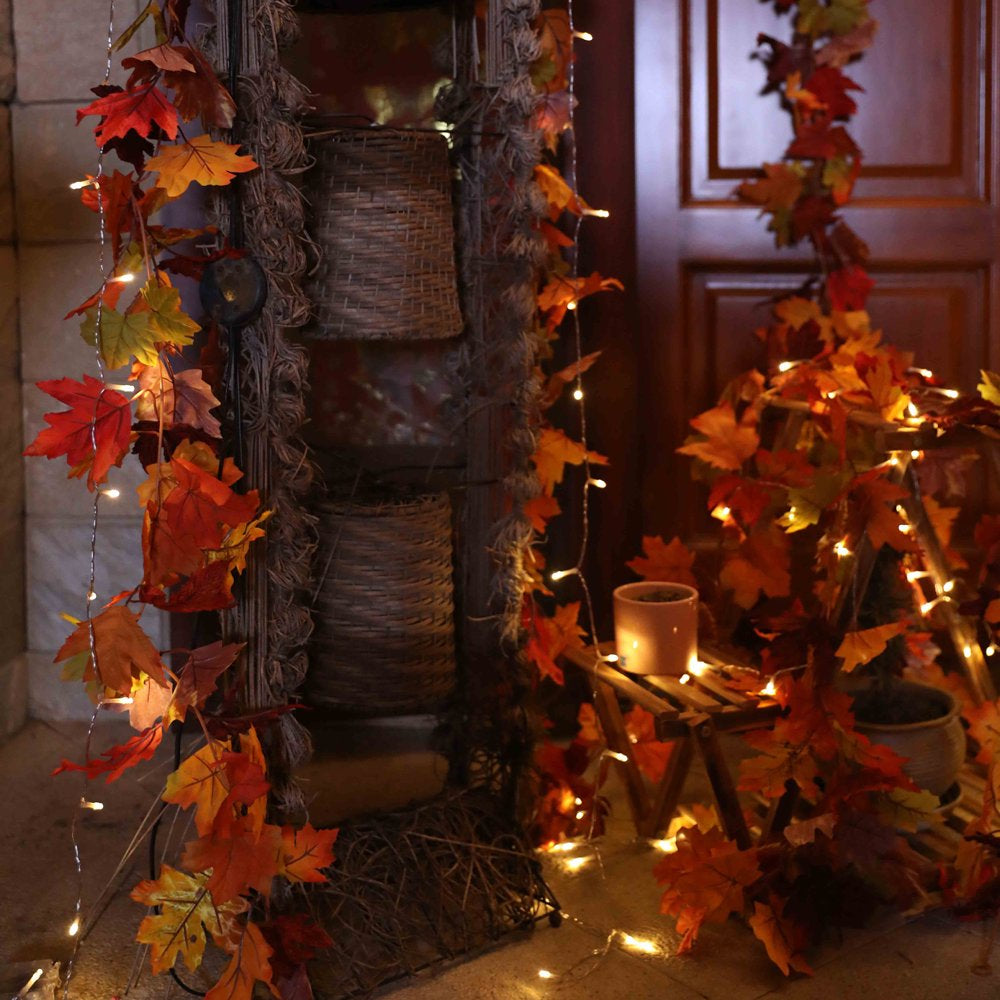 2 Pack Fall Maple Garland with 40 LED for Home Wedding Party Christmas - 5.8Ft/Pc