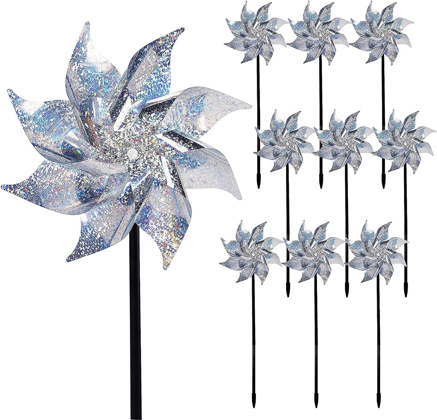 10 Pack Reflective Pinwheels Patriotic Decorations, American Flag on Stick Wind Spinner with Stake for Independence Day, Memorial Day July of 4th Party Supplies, Scare Birds Repellent Devices