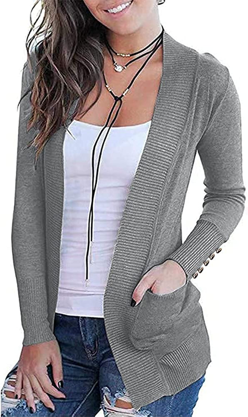 Womens Sweaters Cardigans Open Front Cufflinks Long Sleeve Knit Casual Tops with 2 Pockets