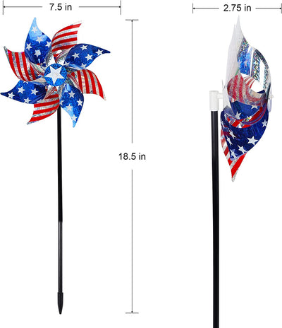 10 Pack Reflective Pinwheels Patriotic Decorations, American Flag on Stick Wind Spinner with Stake for Independence Day, Memorial Day July of 4th Party Supplies, Scare Birds Repellent Devices