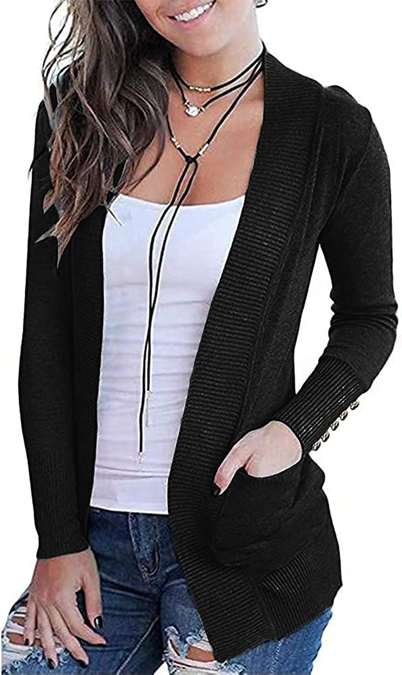 Womens Sweaters Cardigans Open Front Cufflinks Long Sleeve Knit Casual Tops with 2 Pockets