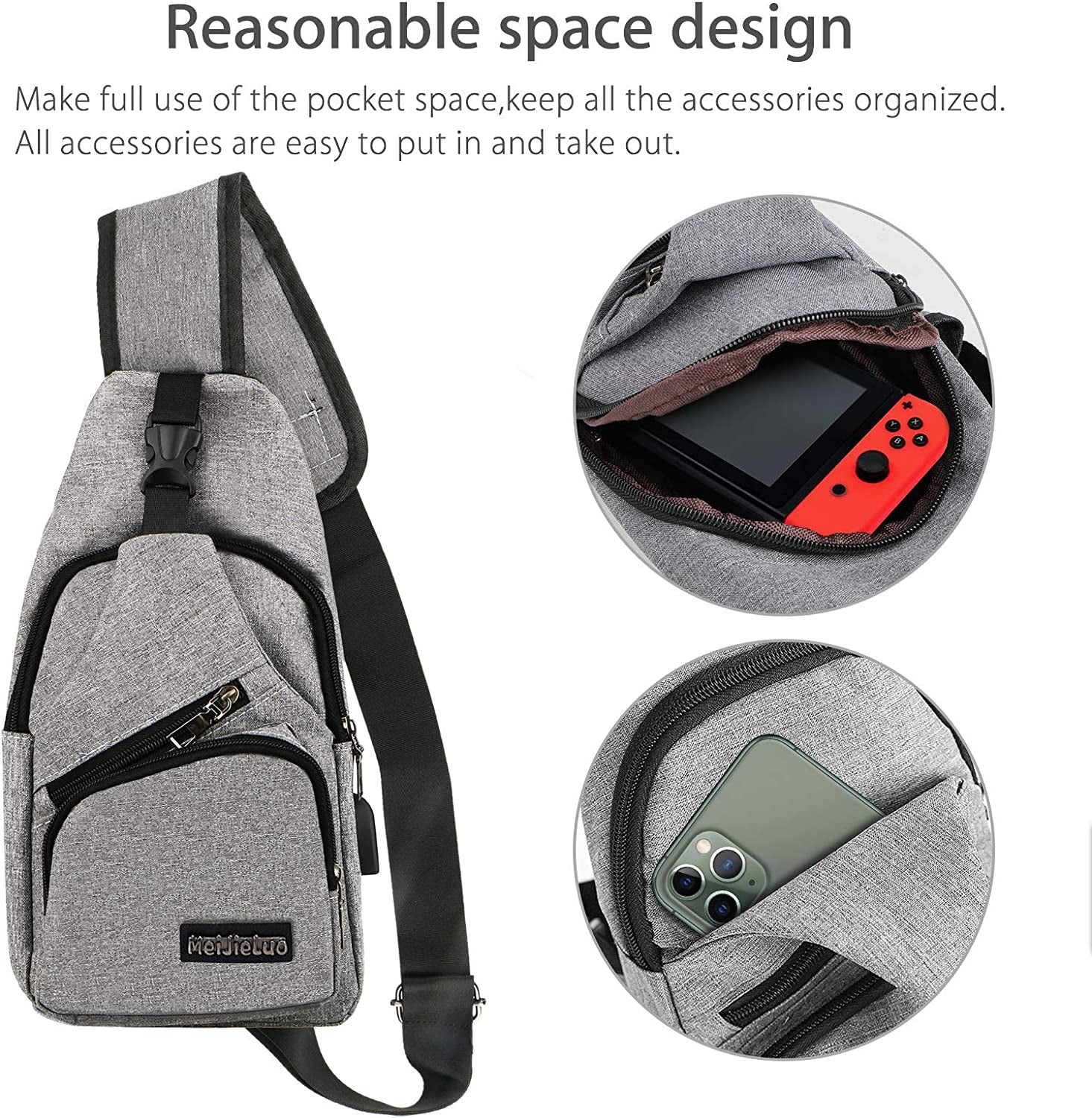 Crossbody Sling Backpack Sling Bag, Eeekit Backpack Crossbody Travel Bag for Men and Women, Console Joy-Cons and Accessories, Charge Your Phone via the Side USB Charging Interface (Grey)