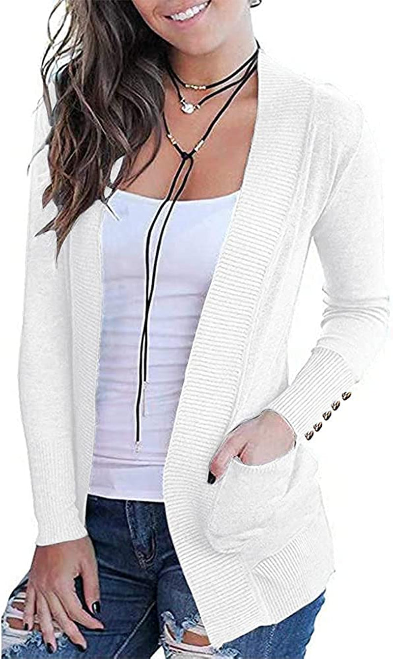 Womens Sweaters Cardigans Open Front Cufflinks Long Sleeve Knit Casual Tops with 2 Pockets