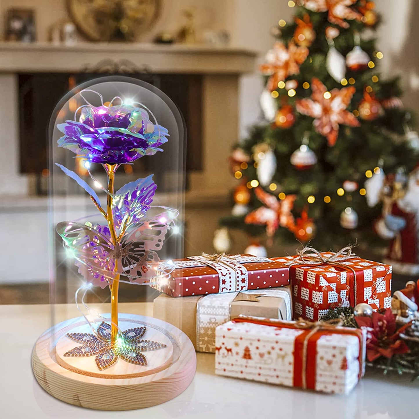 Galaxy Rose with Butterfly in Glass Dome for Her