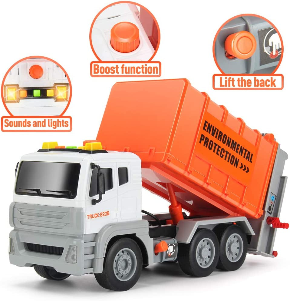 12" Garbage Truck Toys Trash Truck Dump Truck with 4 Garbage Cans, Friction Powered Truck with Sound and Light ,Push and Go Pull Back Car for Boys