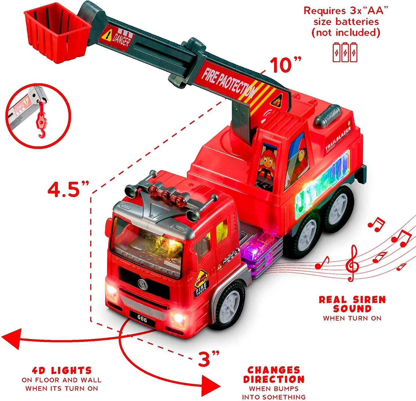 Fire Engine Ladder Truck for Kids with Two Fireman Figures - 4D Lights & Real Siren Sounds | Bump and Go Toy - Automatic Steering on Contact - Imaginative Play
