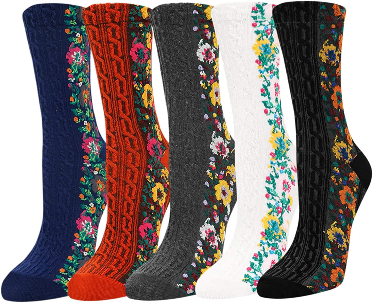 5 Pairs Winter Warm Crew Vintage Socks, Novelty Socks for Women & Girls