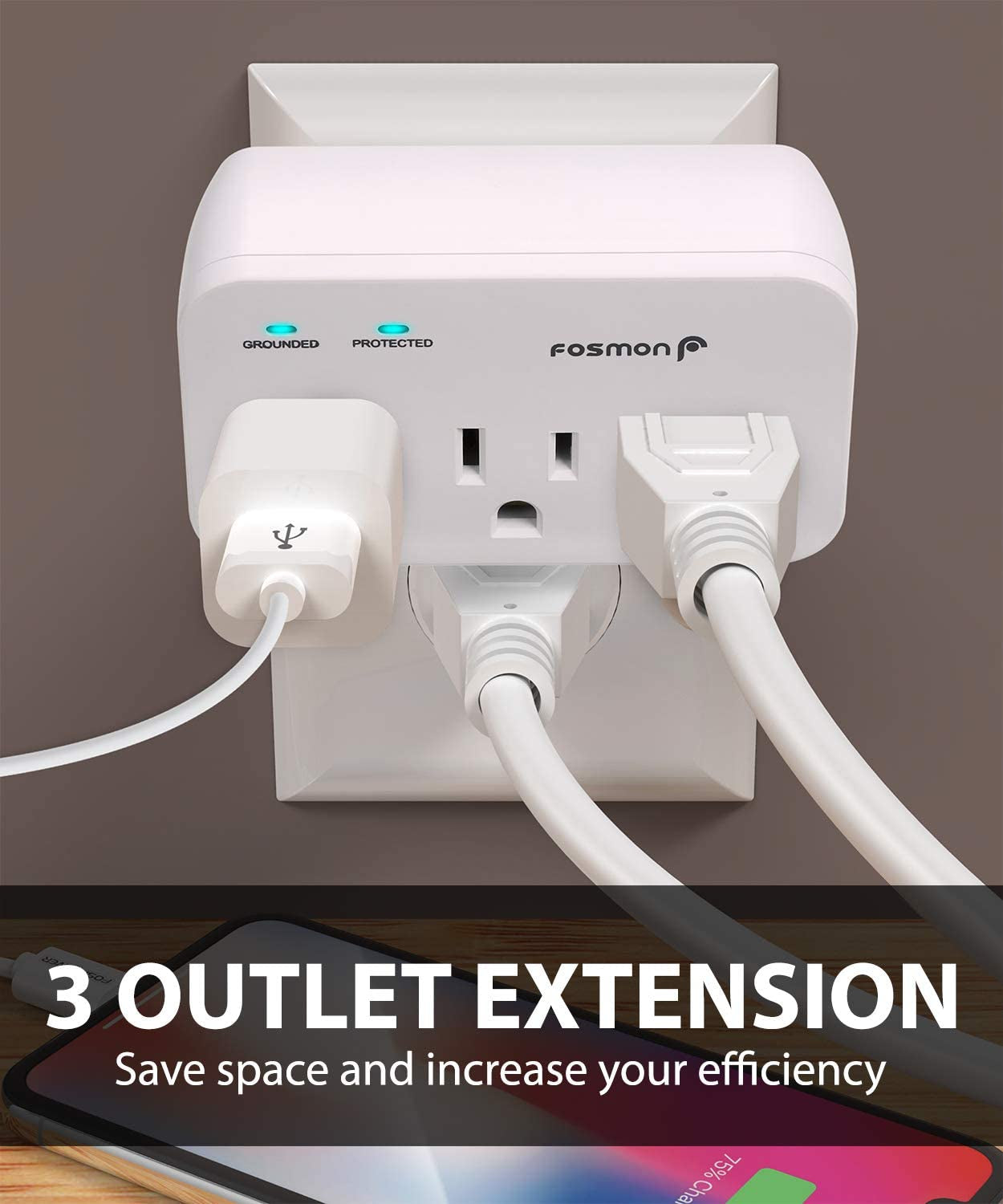 3 Outlet Surge Protector (4 Pack), 1200J Wall Mount Multi Plug Adapter Tap Extender, 1875 Watts Portable Travel Size for Indoor, Office, Dorm Room Essential, Grounded, ETL Listed