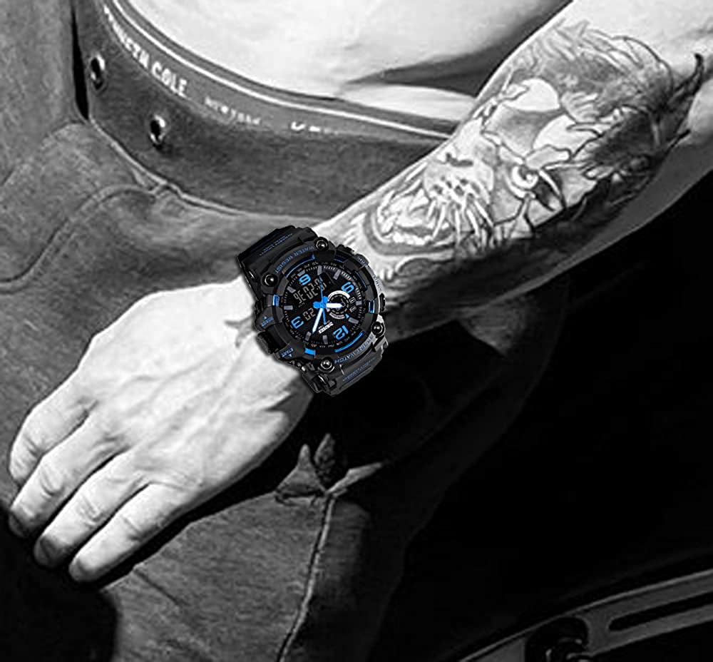 Men Digital Sports Watch, Dual Time Display LED Military Wrist Watch, Shockproof Large Dial Men Wristwatches Outdoor Waterproof Alarm Watches