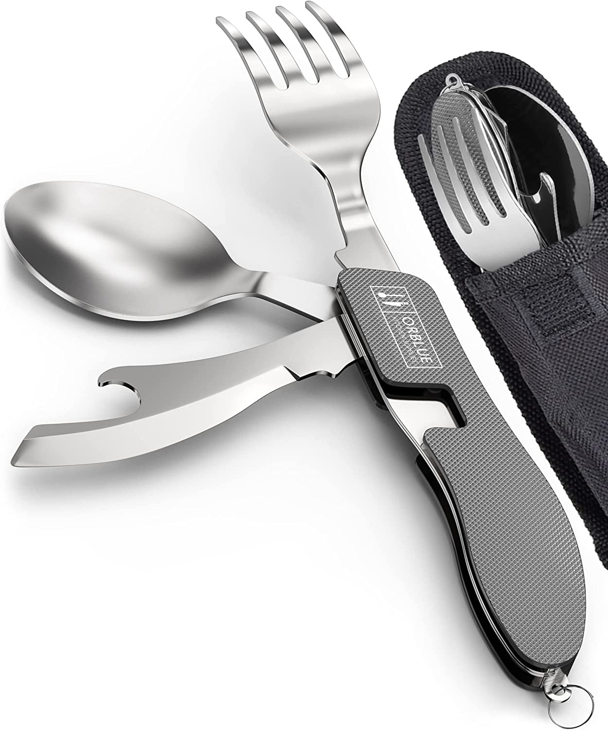 Orblue 4-in-1 Camping Utensils, 2-Pack - Portable Stainless Steel Spoon, Fork, Knife & Bottle Opener Combo Set - Travel, Backpacking Cutlery Multitool, Blue