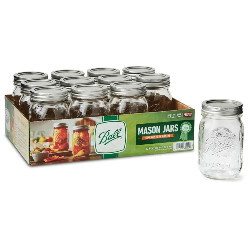 12 Count Ball Regular Mouth 16Oz Pint Mason Jars with Lids & Bands