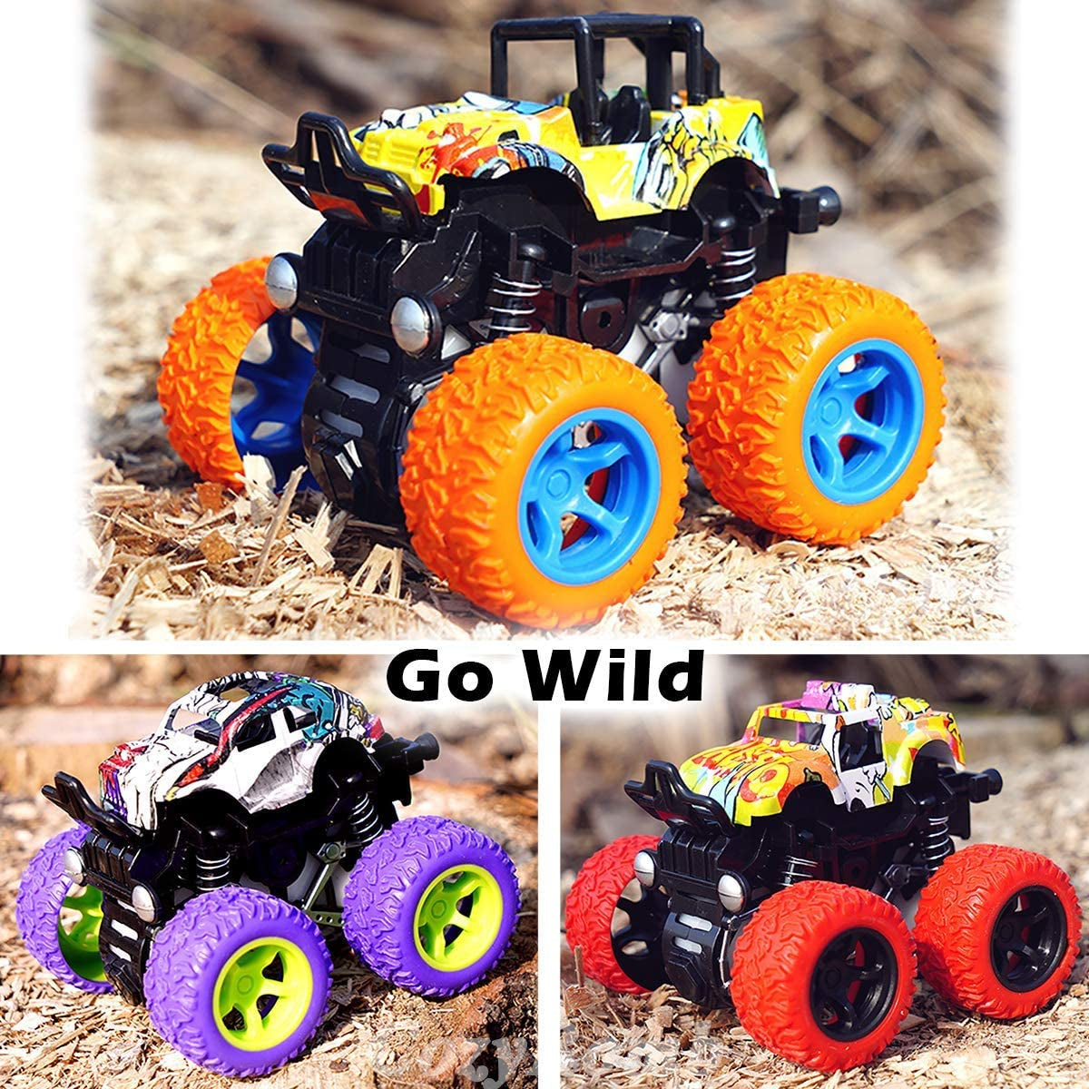 Monster Trucks Toys for Boys - Friction Powered 3-Pack Mini Push and Go Car Truck Playset for Boys Girls Toddler Aged 3 4 5 Year Old Gifts for Kids Birthday Christmas (Purple, Red, Orange, 3-Pack)