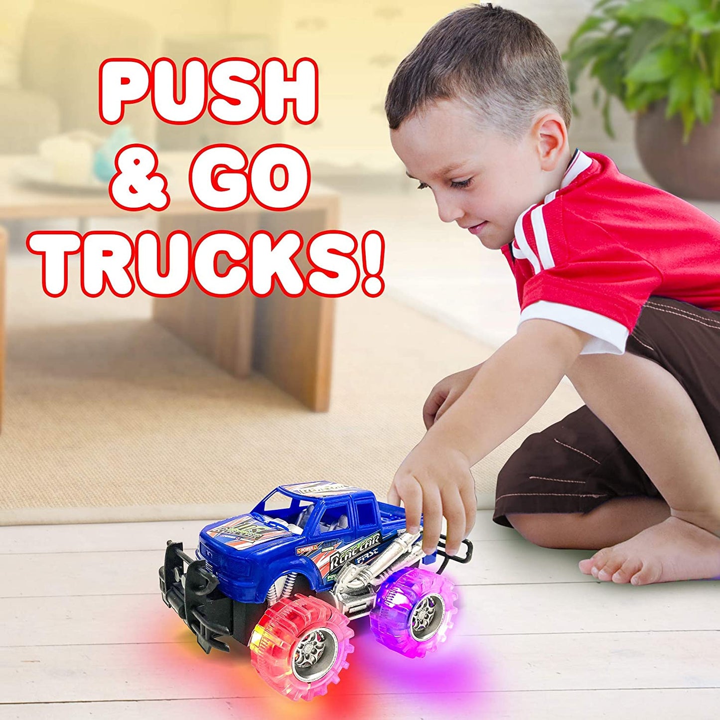 Light up Monster Truck Set for Boys and Girls by Artcreativity - Set Includes 4, 6 Inch Monster Trucks with Beautiful Flashing LED Tires - Push N Go Toy Cars Fun Gift for Kids - for Ages 3+